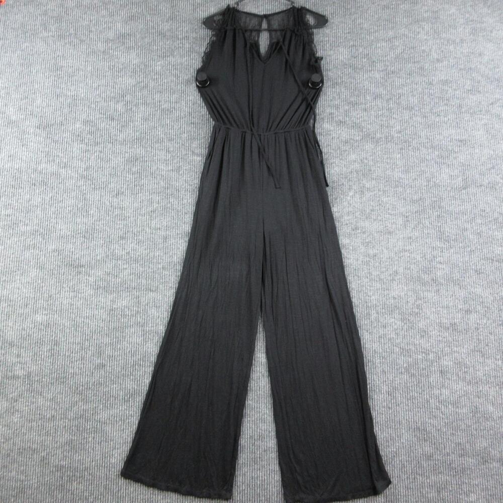 Gilli Jumpsuit Womens S Black Sleeveless V-Neck Lace Trim Relaxed One-Piece